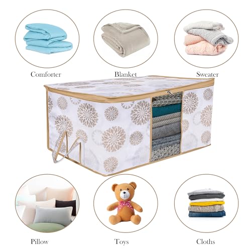 Image of Kuber Industries Set of 6 Saree Cover & Underbed Storage Bag Set | 3 Pieces Saree & 3 Pieces Underbed Storage Bag Combo Set | Visible Window & Handle Storage Bag | Gola-Print | White