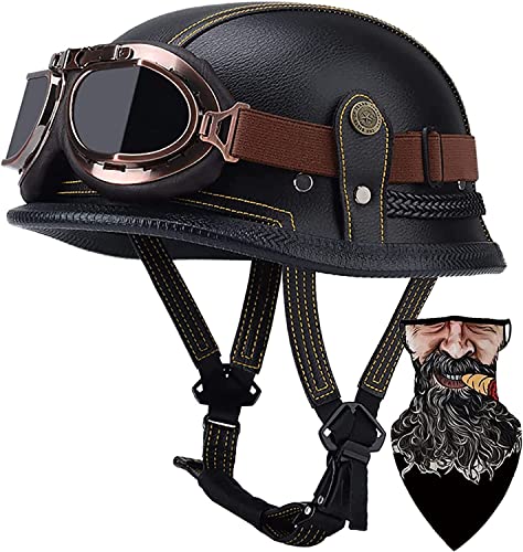 Motorcycle Retro Half Helmet German Style Leather Half Face Helmet, DOT Approved Men Women Vintage Motorcycle Open Face Helmet Cap Half Shell Helmet+Goggles for Bicycle Cruiser (L57~60CM, C)