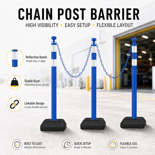 Image of 6 Pack Traffic Delineator Post Cones with Chain Stanchion, Blue Crowd Control Safety Barrier Posts with Water Filled Base for Warehouses, Parking Garages and Crowd Guidance (Blue)