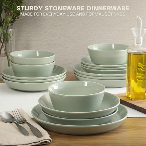 Image of Gibson Home Summer Shades 16 Piece Plates and Bowls Dishes Service for 4 Porcelain Dinnerware Set - Green