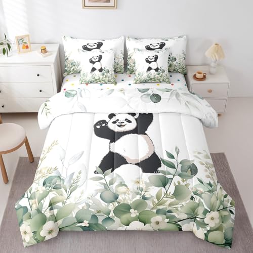 Erosebridal Funny Panda Bettwäsche-Set, 7-teilig, für Kinder, grünes Eukalyptus-Bett in einer Tasche, Waldtiere, Wildtiere, Twin-Bettwäsche-Set, botanische Pflanzenblätter, Tröster-Set,