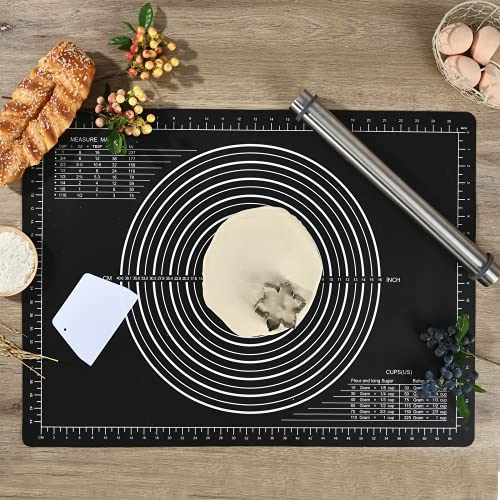 SUPER KITCHEN Groß Rutschfeste Backunterlage Antihafte Backmatte Silikon Teigunterlage Ausrollmatte XL Silikonmatte Pizza Fondant Teigmatte mit Teigschneider- Epoxidharz Resin Matte (Schwarz, 71x51cm)