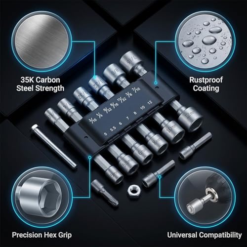 Image of 14 Piece Power Nut Driver Drill Bit Socket Wrench Tool Set | 35K Carbon Steel 1 /4 Inch Hex Shank Nut Driver Bits | Rustproof Wrench Adapter Kit for Drill Machine