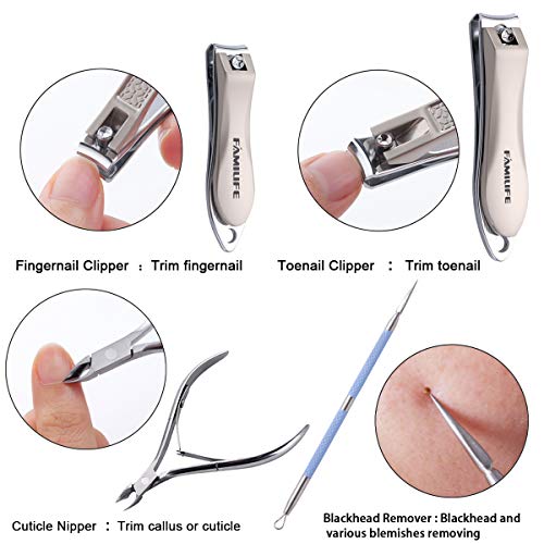Manicure Set, FAMILIFE L17 Professional Manicure Kit Nail Clippers Set 8 in 1 Stainless Steel Pedicure Tools Kit Grooming Kit with Portable Blue Leather Travel Case for Women Girl Men