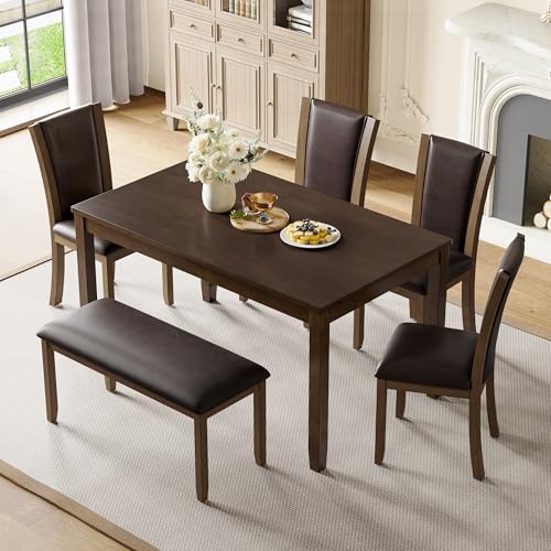 Image of KEIKI 6-Piece Standard Height Dining Table Set with Rectangular Table, 4 Upholstered Chair, Bench, for 6 Person, Farmhouse Rustic Table Set, Easy Assembly, for Kitchen, Dining Room, Dark Walnut