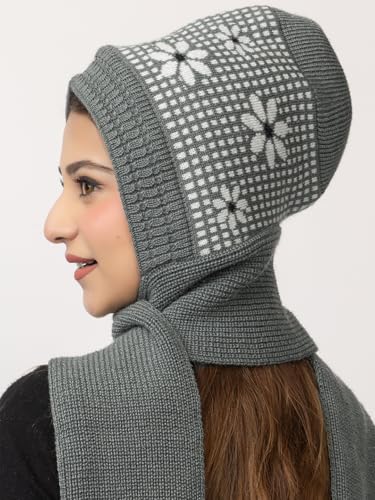Image of AMOLDO Women's Winter Woolen Soft Warm Knitted Designer Muffler Beanie Cap with Fur | Fleece Printed Woolen Hat with Attached Scarf for Cold Weather
