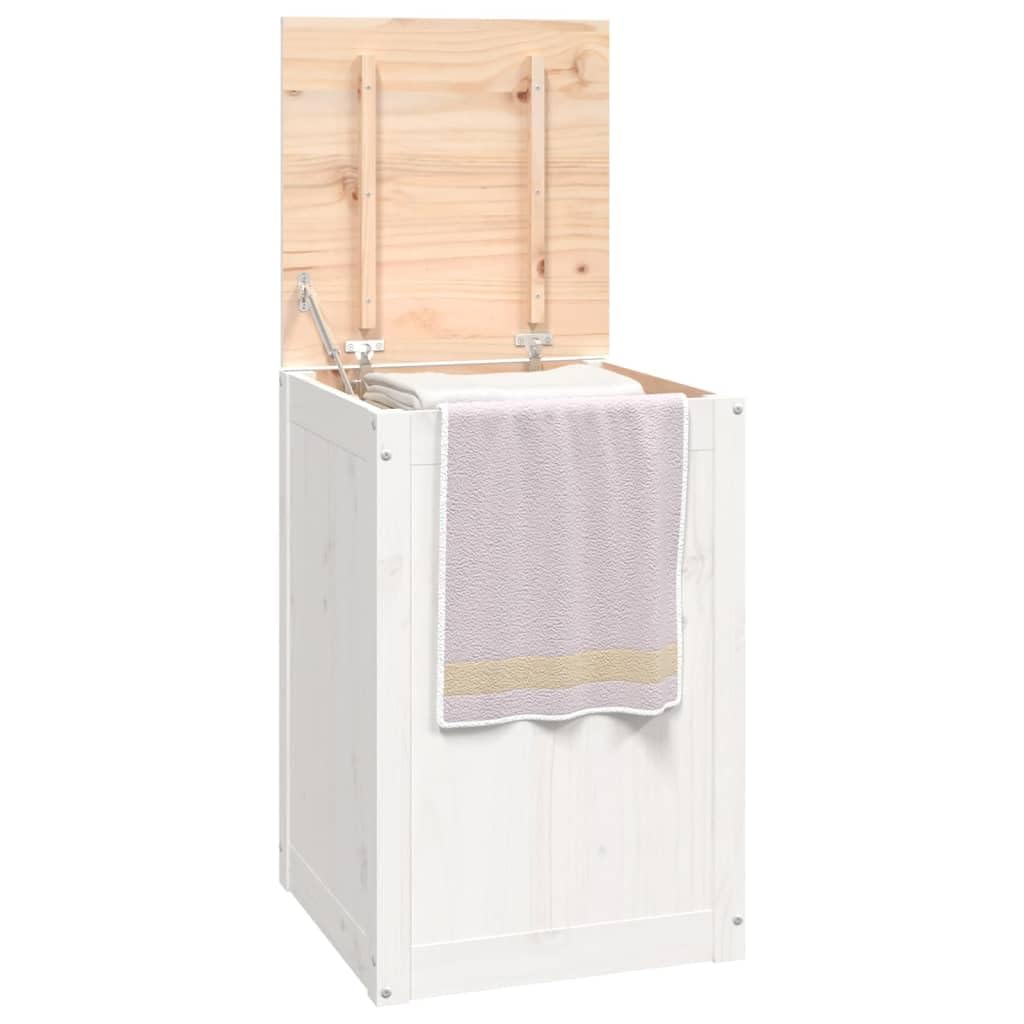 Wäschetruhe Weiß aus massivem Kiefernholz 44x44x66 cm mit Deckel und Gasdruckfeder großer Wäschebehälter Wäschekorb Wäschesammler für Badezimmer Schlafzimmer Haushalt