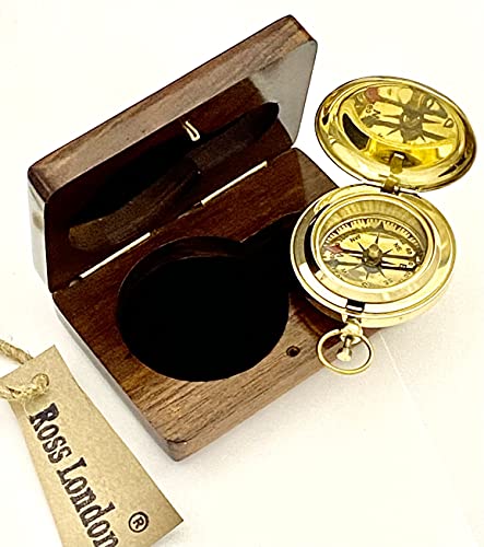 Ross London Taschenkompass mit Hartholz-Geschenkbox - Druckknopf offener Taschenkompass - Handgemachter nautischer Richtungskompass - Geschenkkompass Cover