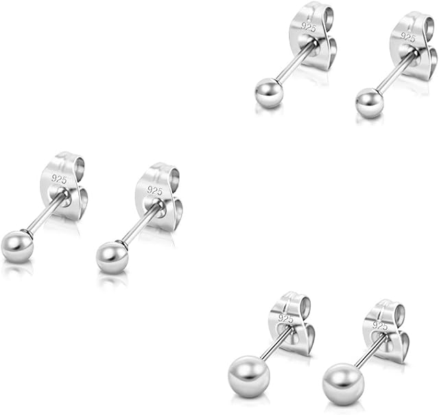 DTPsilver® Set of 3 PAIRS of TINY/SMALL 925 Sterling Silver Round Ball Studs Earrings - Mixed Sizes - Diameter: 2, 3, 4 mm or 3, 4, 5 mm
