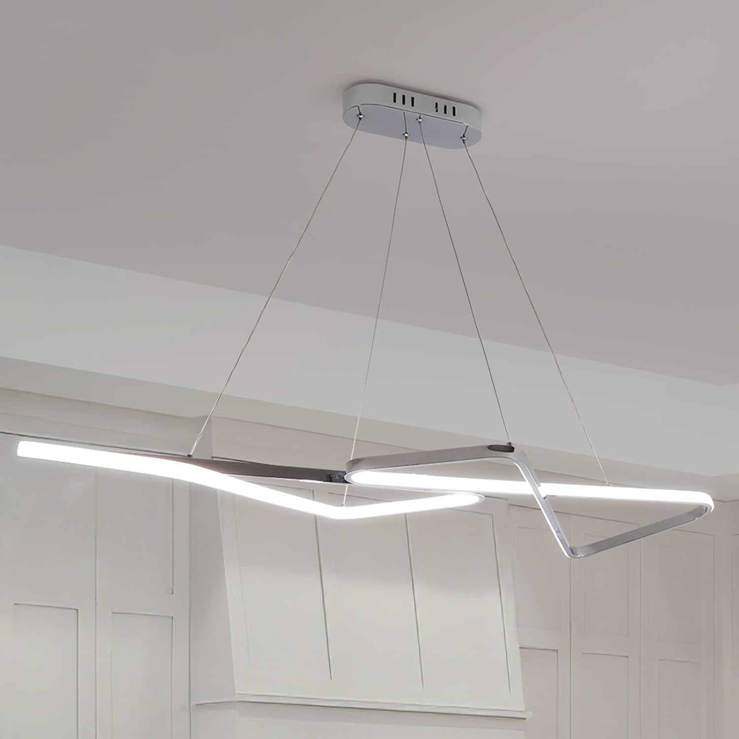 47.24 in Dimmable Modern LED Chandeliers for Dining Room - Adjustable Height Pendant Light Fixture Over Table, Contemporary Silver Chandelier Light Fixture (Chrome 47.24")