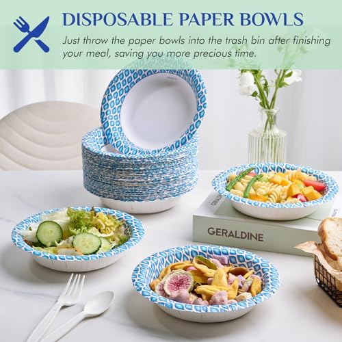 MUCHII 20 Oz Paper Bowls 180 Counts Disposable Bowls, Printed Soak Proof Large Bowls for Breakfast, Lunch, and Dinner Meals