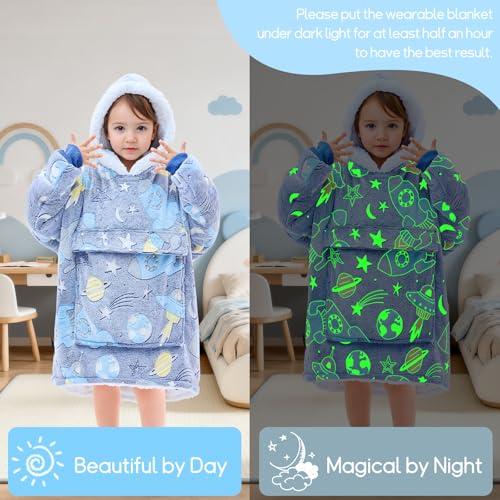yescool Glow in The Dark Wearable Blanket Hoodie for Kids Toddlers 2-6YR Old Gifts, Oversized Blanket Sweatshirt with Sherpa for Christmas Thanksgiving Birthday Gifts, One Size, Universe