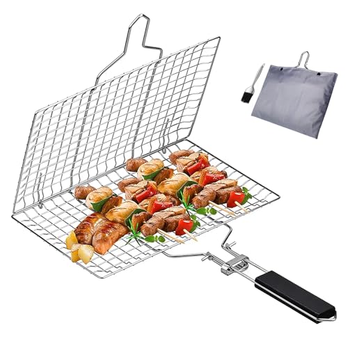 Canasta de asado de Pescado Rejilla para Barbacoa Canasta de Parrilla de Barbacoa de Acero Inoxidable portátil Plegable para Pescado, Verduras, Camarón, Carne
