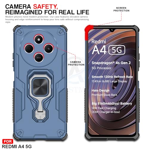 Image of AESTMO Armor Back Cover for Redmi A4 / 14C / Poco C75 / M7 5G | Ring Holder & Kickstand & Camera Protection in-Built | 360 Degree Protection Back Case Cover (Blue)