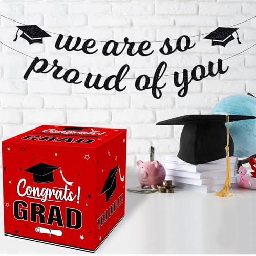 Image of Graduation Card Box 2026, Red Foldable Cardboard Card Box for Party, 2026 Graduation Party Decorations, Red Graduation box