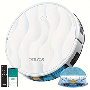 Tesvor smart Sweeping Robot with Strong Suction, Sweeping and Mopping Integrated, 350ml Electric Control Water Tank, APP/Remote Control, Gyroscope Navigation, 180 Minutes Battery Life.