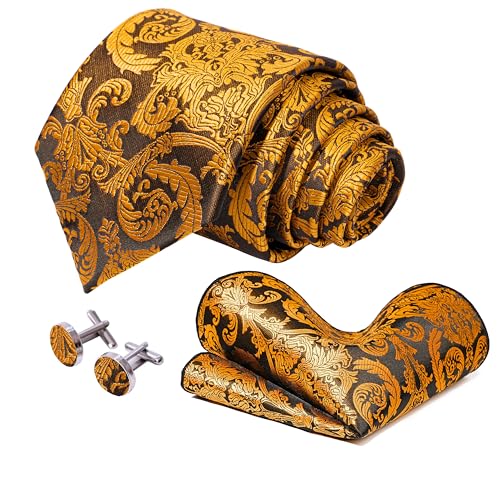 Image of 5PCS Tie and Pocket Square for Men, Silk Necktie and Handkerchief Cufflinks with Gold Ring and Lapel Pin Set