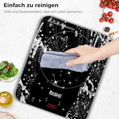 YASHE Induktionskochfeld – Einzel Induktionskochplatte, 10-Leistungseinstellung und 10-Temperaturstufen, 2000W Induktionskochfeld 1 Platte, 4-Stunden-Timer, Sicherheitsschloss, Mobil