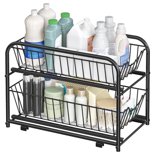 SONGMICS Organizador de cocina, Estantería de 2 Niveles Extraíbles para Armario, Organizador Apilable bajo el Fregadero con Cajones, para Cocina, Baño, Negro Tinta KCS017B01
