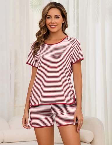 Image of Cotton Pajama Sets for Women 2 Piece Lounge Set Stripe Pj Set Loungewear Short Sleeve Top and Shorts with Pockets