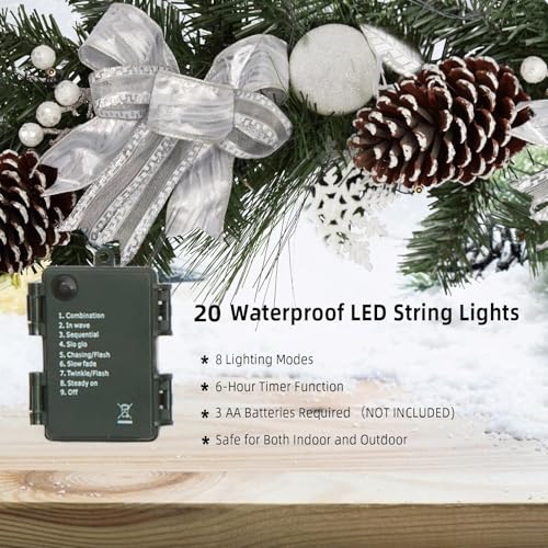 GarveeHome Christmas Garland with Lights for Mantle, 6ft Battery Operated Silver White Xmas Garland with 20 LED Lights Timer Ribbon for Fireplace Stair Railing TV Stand Indoor Outdoor Holiday Decor