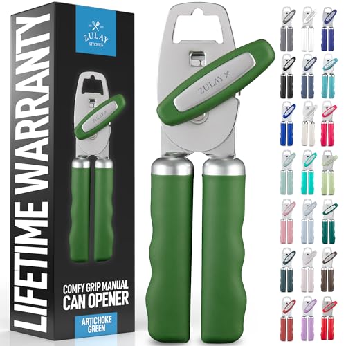 Zulay Kitchen Heavy Duty Stainless Steel Can Opener Manual with Bottle Opener - Rust Proof Manual Can Opener With Turn Knob & Comfy Soft Grip Handles - Artichoke Green