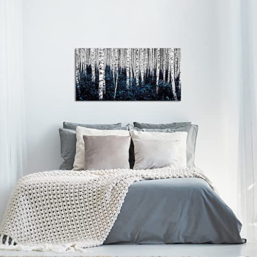 Sechars Birch Tree Wall Art Blue Abstract Forest Picture Teal Gray Aspen Painting Modern Landscape Canvas Art Turquoise Wall Decor For Home Living Room Bedroom Office #TOP1