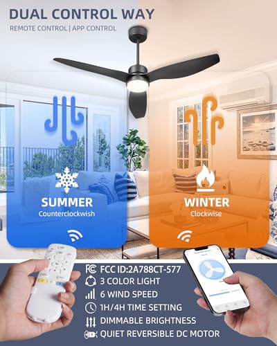 Image of YOUKAIN 52-Inch Smart Ceiling Fan with Lights, App & Remote, Matte Black