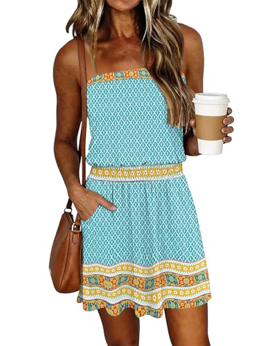 Image of SAUKOLE Summer Dresses for Women Bandeau Strapless Smocked Elastic Waist Sundress Tube Mini Dress with Pockets
