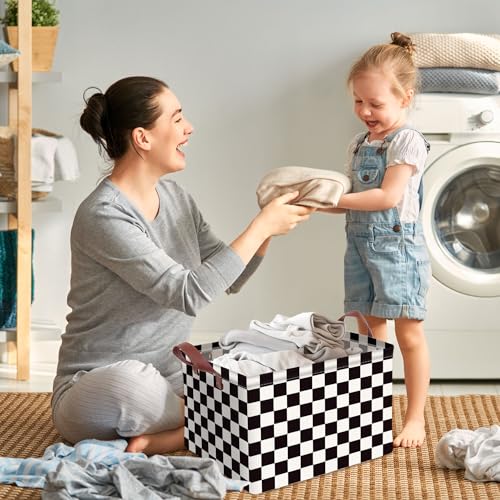 Image of Checkered Storage Basket Waterproof Canvas Toy Storage Bin Race Car Room Decor Collapsible Outdoor Basket with Leather Handles Checkered Decor Car Blanket Baskets For Closets,Bedrooms,Gifts Baskets