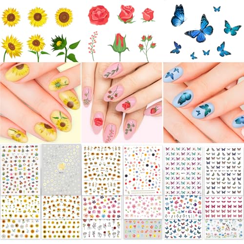 Whaline 18 Sheets Floral Butterfly Nail Art Stickers Daisy Flower Blossom Sunflower Bee Assorted Colorful Decorative Self-Adhesive Nail Decals for Spring Summer DIY Manicure Party Decor