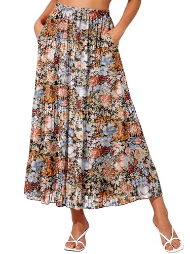 NASHALYLY Womens High Waisted Maxi Skirt Elastic Chiffon Boho Long Skirt with Pockets(Coffee Floral P M)