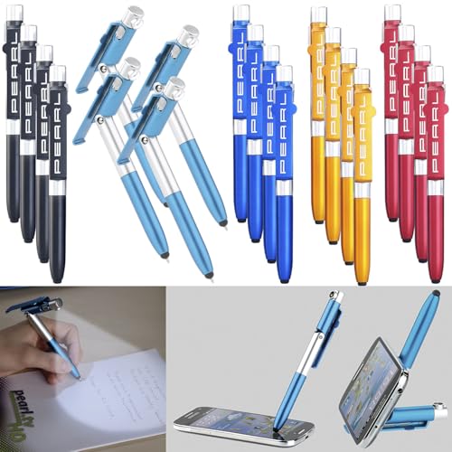 PEARL Leucht-Kugelschreiber: 4in1-Kugelschreiber mit LED-Lampe, Touchpen & Handy-Ständer, 20er-Set (Multifunktioneller, beleuchtet)