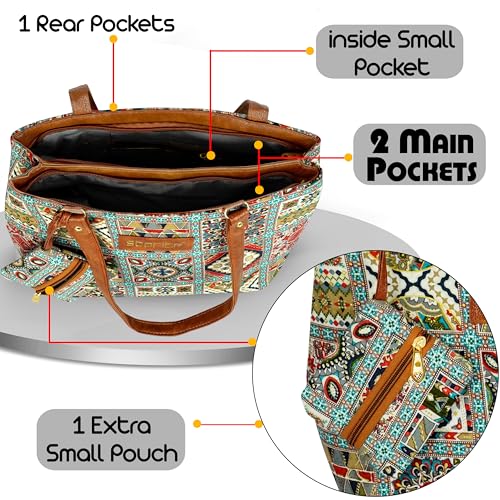 Image of Storite Women's Tote Bag with Leather Handles & Embroidery Printed Handbag with Zip Pockets, Shoulder Tote Bag and Handbag for Office and College