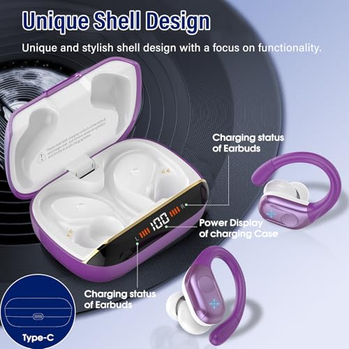 Image of Qecnato Headphones 75H Stereo Deep Bass Sports Over Ear Buds with Earhooks, IP7 Waterproof Earphone for Running, LED Display Bluetooth Earbuds, Dark Purple