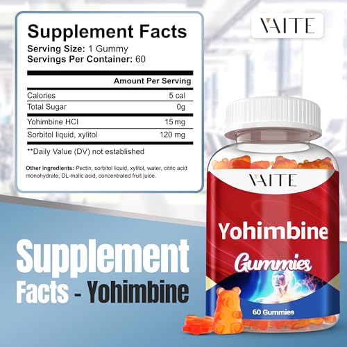 vaite yohimbine hcl gummy 15mg - sugar-free non-gmo energy amp endurance support for men and women antioxidants yohimbe bark extract improve performance - supports energy production - 60 gummies