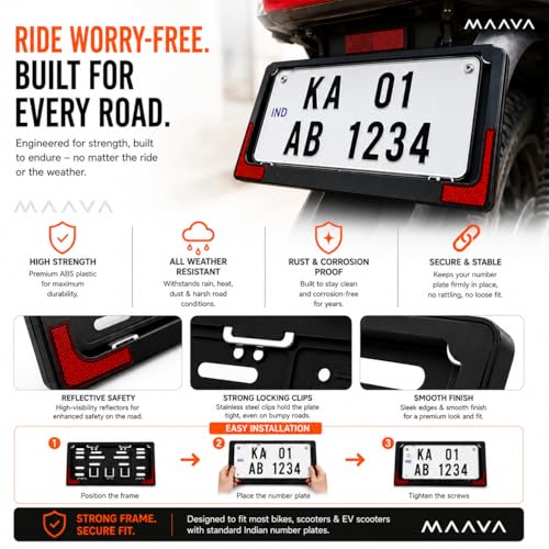 Image of Universal Bike Number Plate Frame with Reflector | Front (30 x 6.8 cm) & Rear (22.5 x 13 cm) ABS Number Plate Holder Set | Durable Registration Plate Frame for Bikes & Scooters | Universal Fit | Black