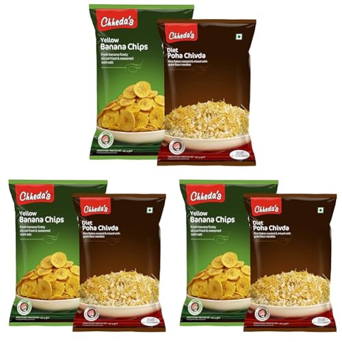 Image of Chheda's - Yellow Banana Chips (350Gm) and Diet Poha Chivda (300 Gm) | Banana Wafers | Indian Namkeen | Tasty Snacks - Combo Pack (Pack of 3)