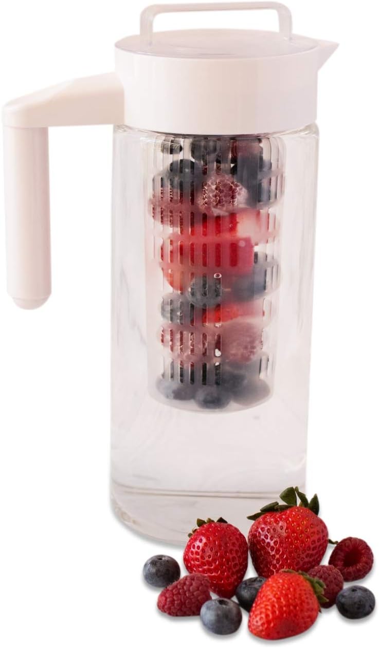Premium Glass Water Pitcher with Fruit Infuser | BPA Free Borosilcate Glass Infuser Pitcher with Lid | Enjoy Infusing Hot + Cold Tea, Coffee, Water, Juice, Vodka, Tequila - White 44 oz - Cestari.