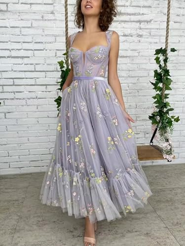 Flower Embroidery Prom Dresses Long Tulle Corset Spaghetti Straps A Line Fairy Ruched Formal Evening for Women4