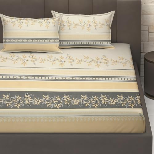 Image of IVAZA Ezyption Cotton Super Soft 240 TC Elastic Fitted All Around Elastic Printed King Size Double Bed Bedsheet with 2 Pillow Cover 72 inch X 78 inch Gold Cream