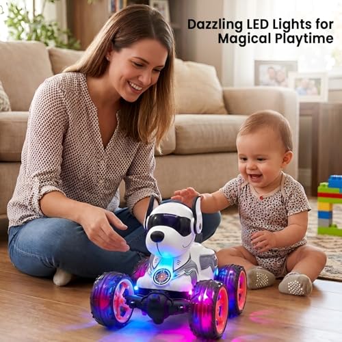 Image of Cable World RC Stunt Robot Dog Car, 360 Degree Rotating, Remote Control Musical Dancing Dog with Flashing Lights, Smoke, Sound, Action, Activity Play Center Toy for Kid Early Learning Educational