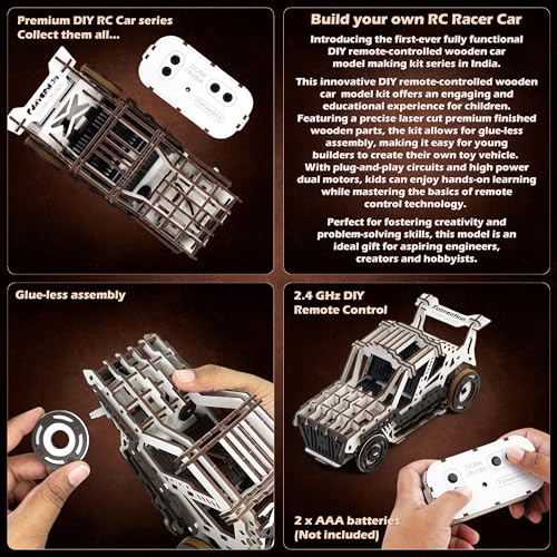 Image of Funvention DIY Storm Cruiser Remote Controlled Car Kit | Build & Race Wooden RC Car Model | Glue-Less Assembly | Dual Motors, 2.4GHz Remote, Rechargeable Battery | STEM Learning Toy for Kids 8+
