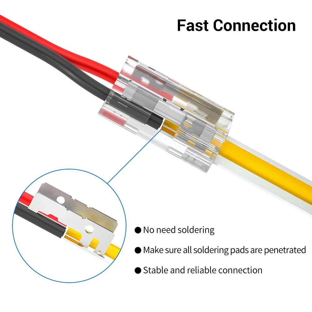 TOKERU 2-Pin 8mm LED Strip Connectors with 4pcs 15cm 22AWG Wires, Transparent Solderless Kit for FCOB & Select SMD Strips - Image 4