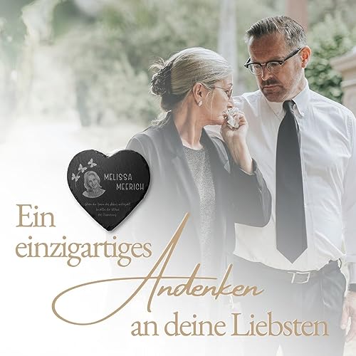 Grabplatte Grabstein Herz aus Schiefer mit Bild Gravur für Menschen bis 25x25 cm - Großer Gedenkstein mit Foto & vielen Motiven - Gravierte Gedenktafel als Grabschmuck Grabdeko personalisiert