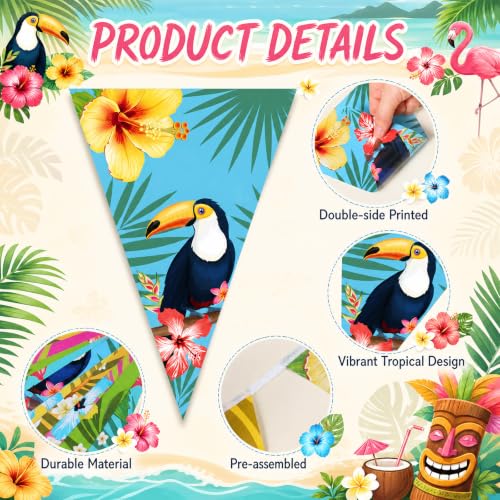 Image of Faccito 5 Pack Hawaiian Tropical Triangle Pennant Banner Palm Leaf 15m | Aloha Luau Tiki Beach Hanging Decor Hibiscus Flamingo Toucan Prints Summer Outdoor Indoor Backdrop Bunting Supplies
