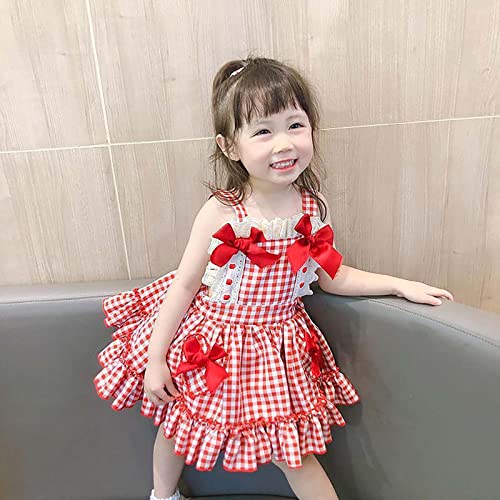 Toddler Baby Girl Bow Plaid Dress Strawberry Dresses Kids Sleeveless Backless Skirts Sundres Casual Hat Set2