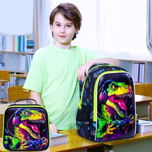 Image of CCJPX 3Pcs Dinosaur Backpack for Boys, 16 inch Gamer Kids Bookbag with Lunch Box, Cool Water Resistant Schoolbag for Preschool Kindergarten Toddler(Black)