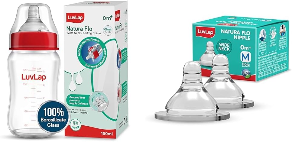 LuvLap Natura Flo Wide Neck Glass Feeding Bottle, 150ml & Luvlap Anti-Colic Natura Flo Teat/Nipple for Wide Neck Bottle, 2pcs, Medium Flow, 3m+