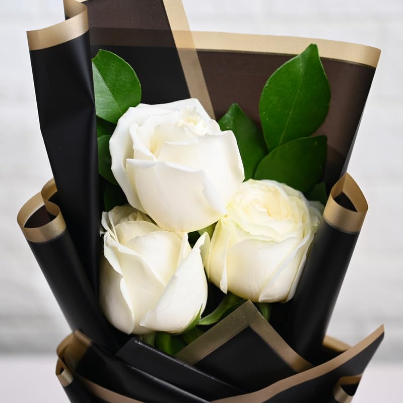 Image of FlowerAura Premium Fresh Live Flower Bouquet of 3 White Roese In Designer Paper Gift For Birthday | Anniversary | Love | Home Decor | Fathers Day Gift For Dad (Same Day Delivery)